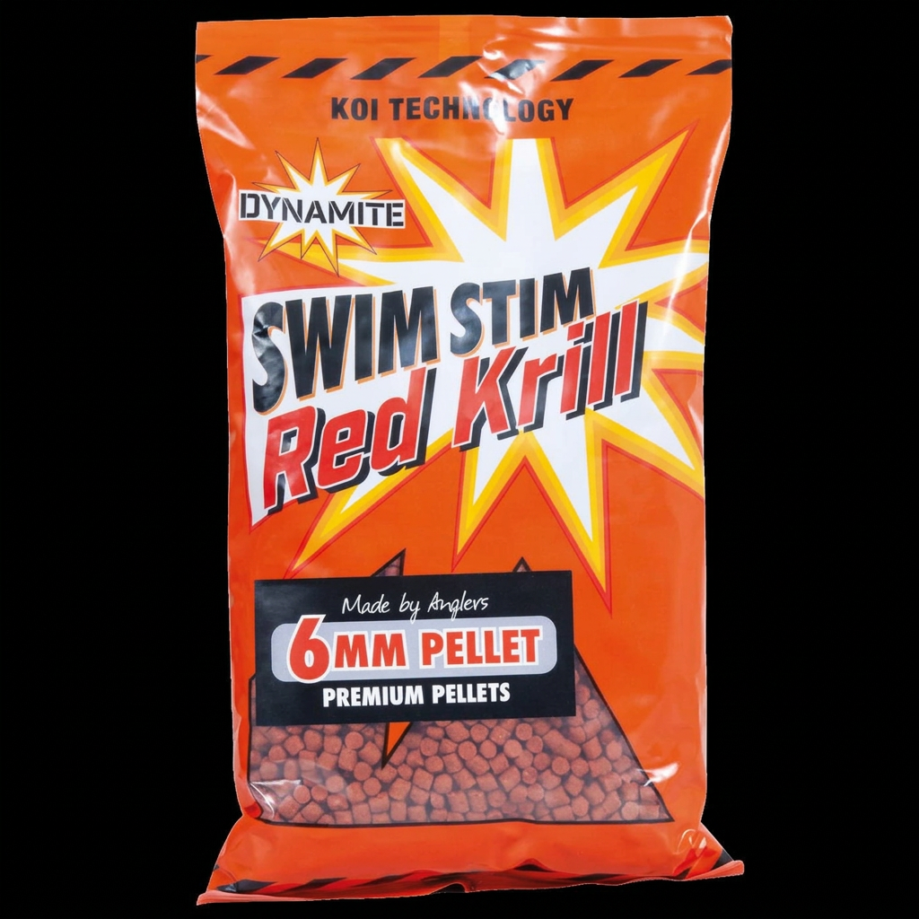 Swim Stim Red Krill 6mm pellets on black background