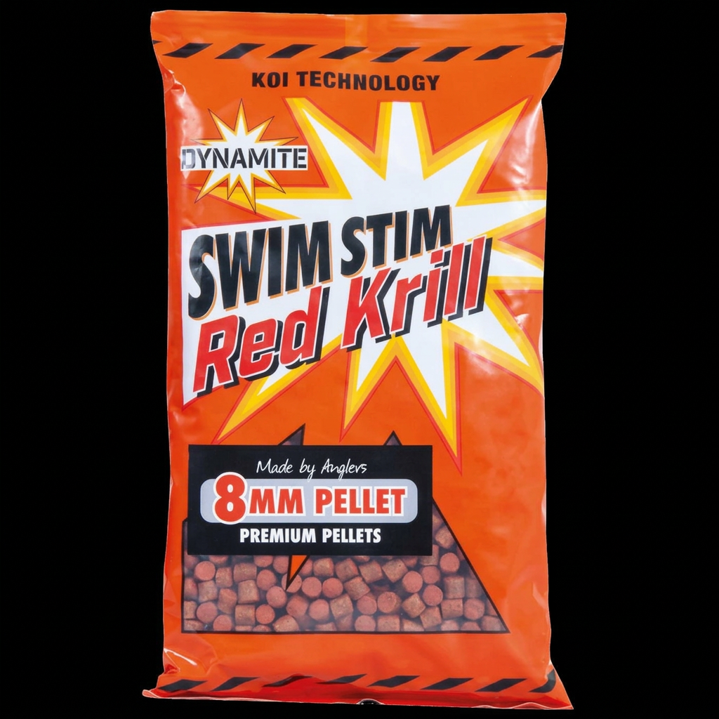 Swim Stim Red Krill 8mm pellets on black background