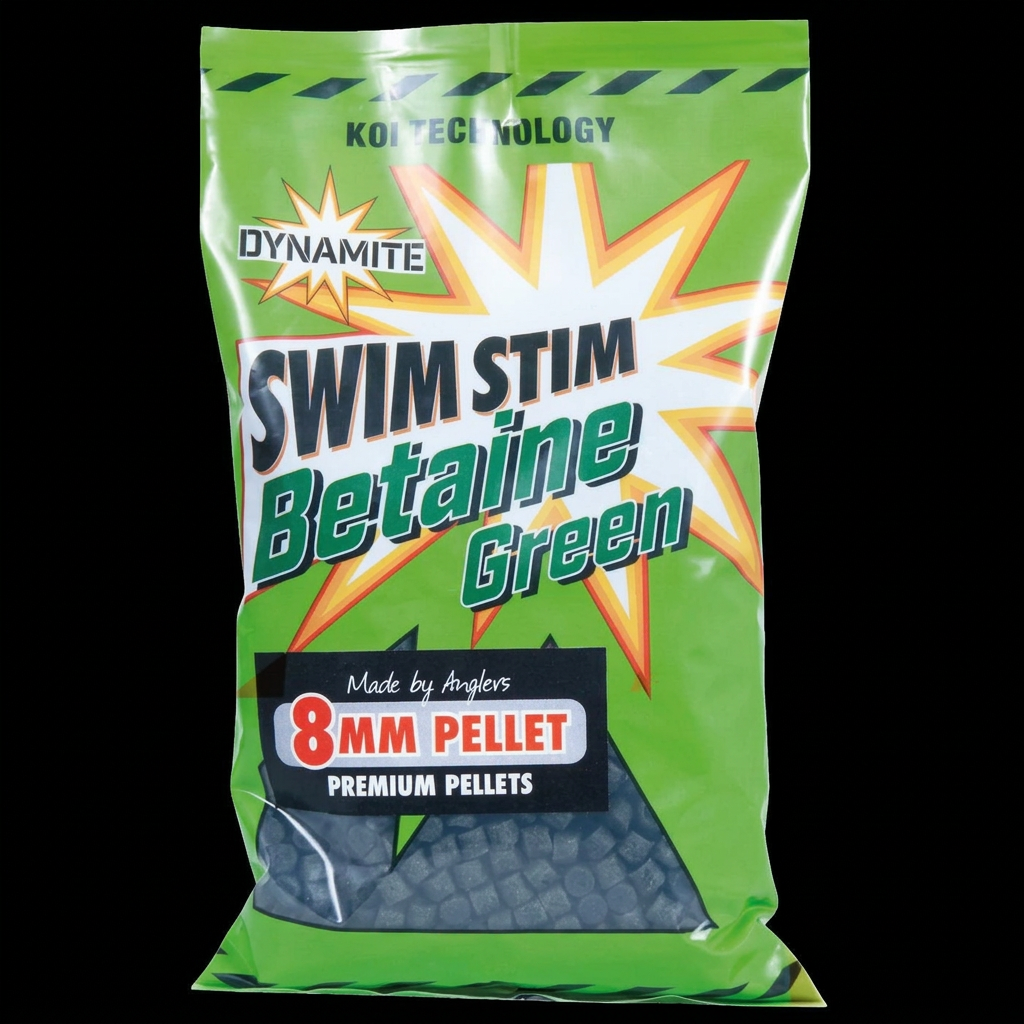 Betaine Green 8mm pellets on black background