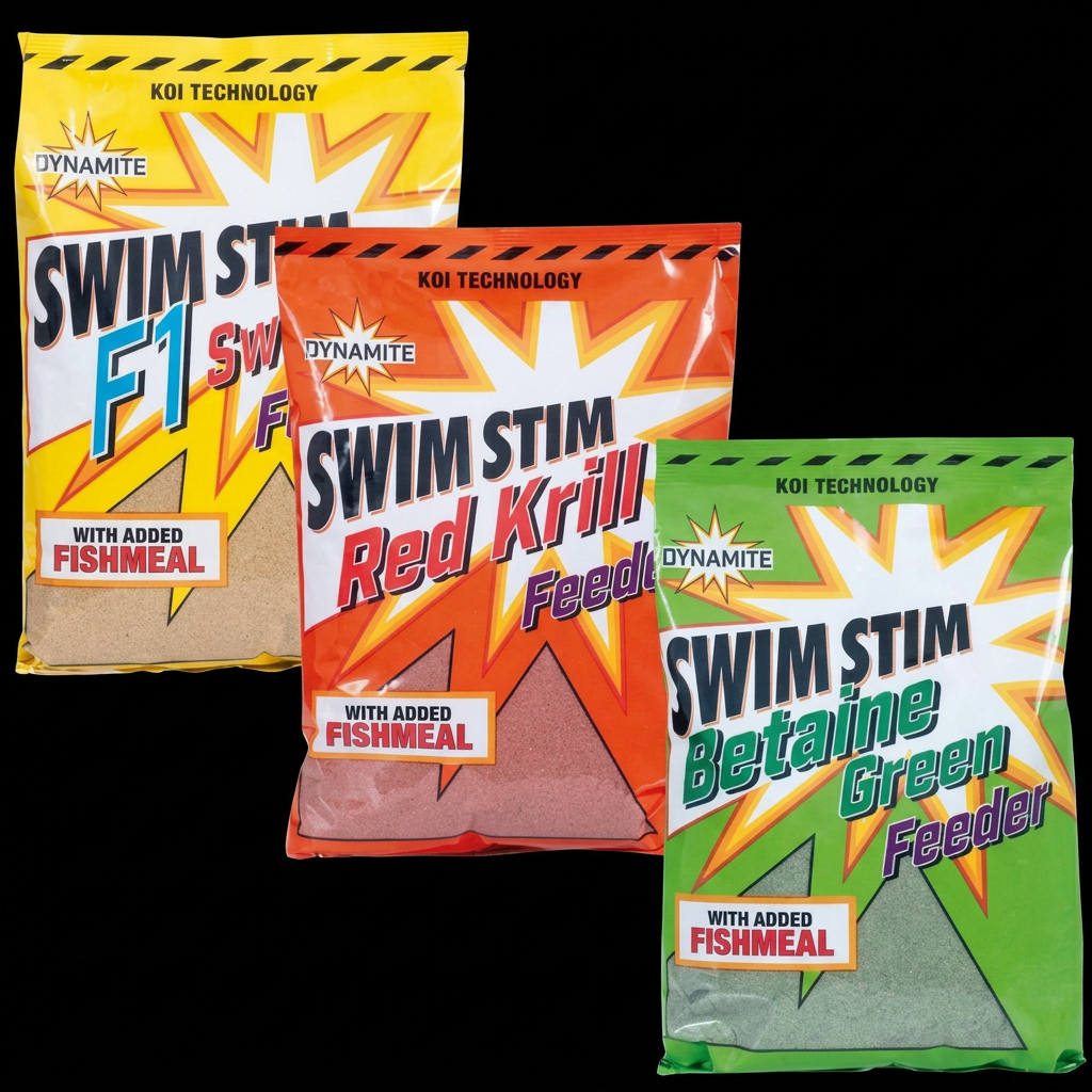 Swim Stim Feeder Mix bags on black background