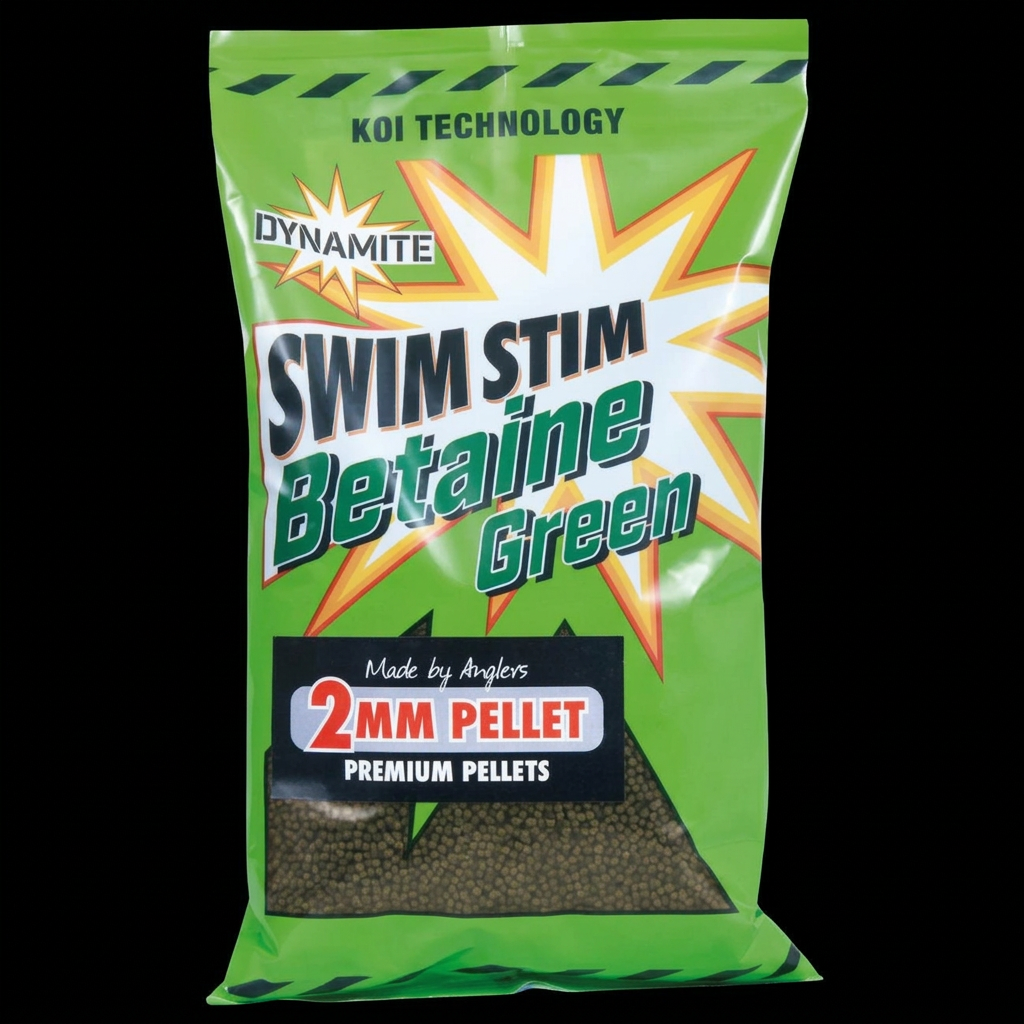 Betaine Green 2mm pellets on black background
