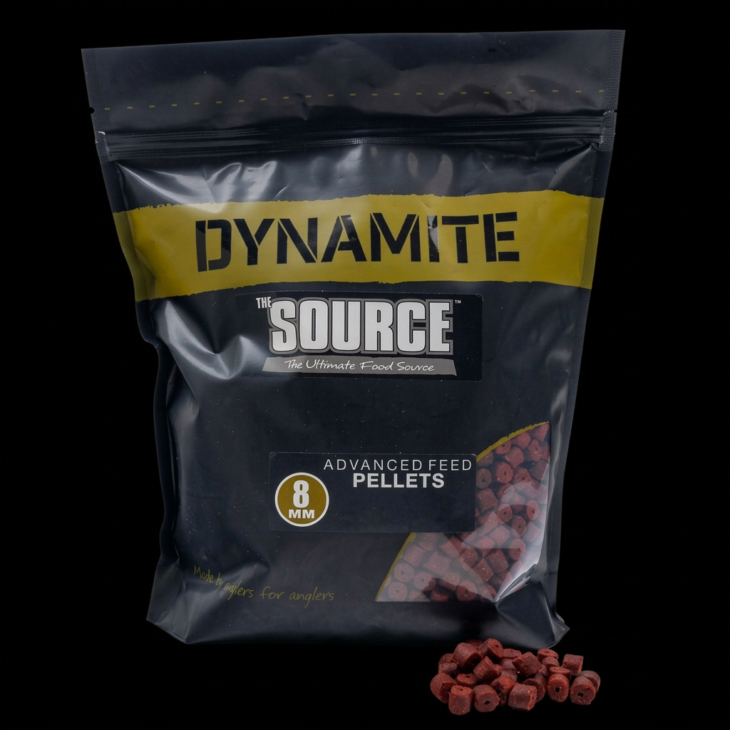 Dynamite Source pellets bag and loose pellets on a black background