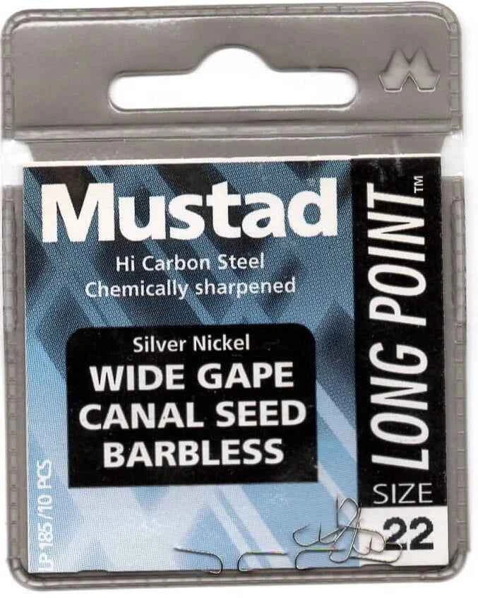 Mustad Wide Gape Canal Seed Long Point Barbless size 24